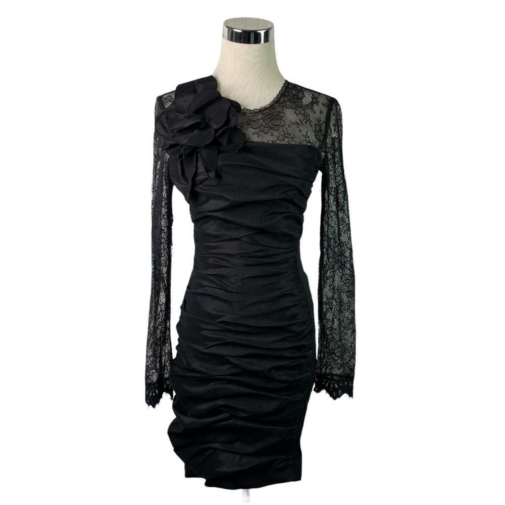 Jessica McClintock Dress Vintage 80s Black Lace Ruched Flower Fitted Long Sleeve